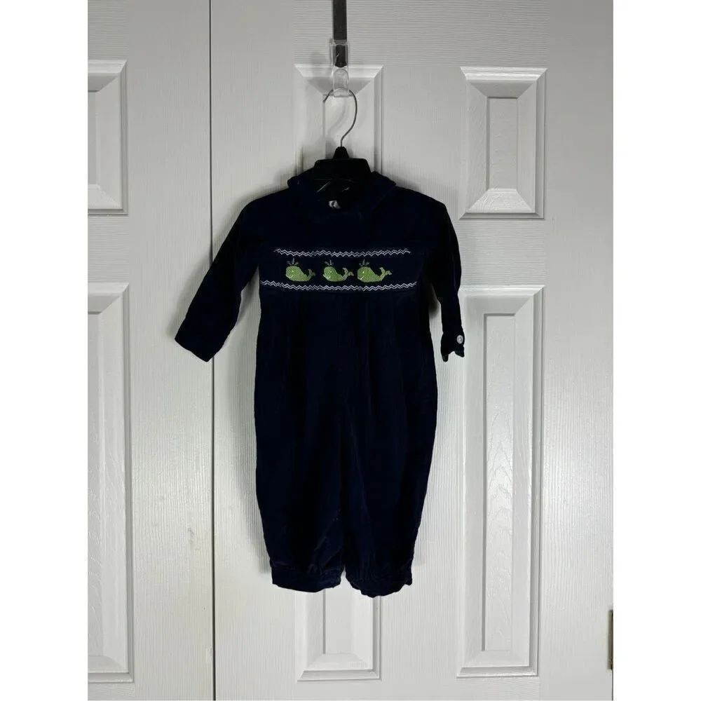 Little English Boys Smocked Cord Whale Romper Size 12m
